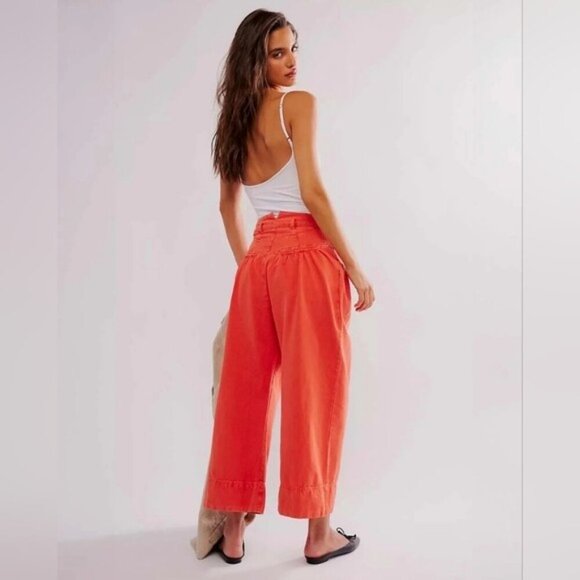 Free People Sweet Talk Chino Pants Wide Barrel Leg Mid Rise Linen/Cot Orange 10 - Picture 3 of 11